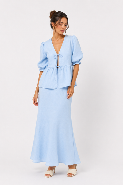 Ruffle Sleeve Blouse and Flowing Maxi Skirt Set