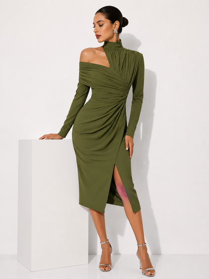 High-Neck Draped Midi Dress