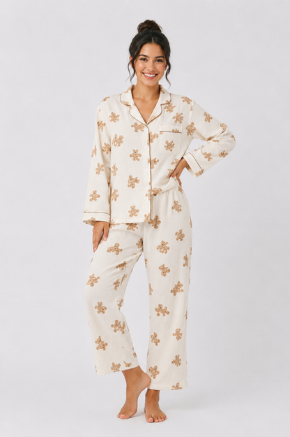 Contrast-Piped Long Pyjama Set with Straight-Leg Pants