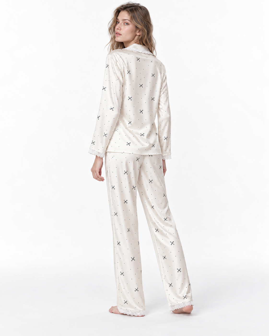 Polka-Dot Long Pyjama Set with Bow Detail