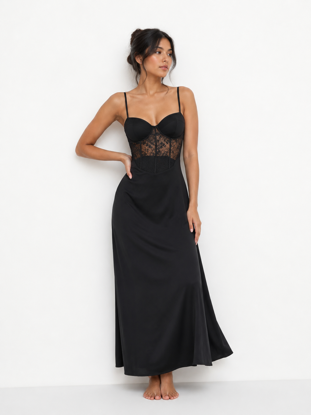 V-Neck Long Slip Nightdress with Detailed Bodice