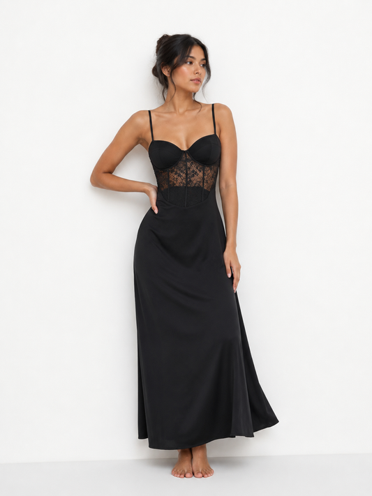 V-Neck Long Slip Nightdress with Detailed Bodice