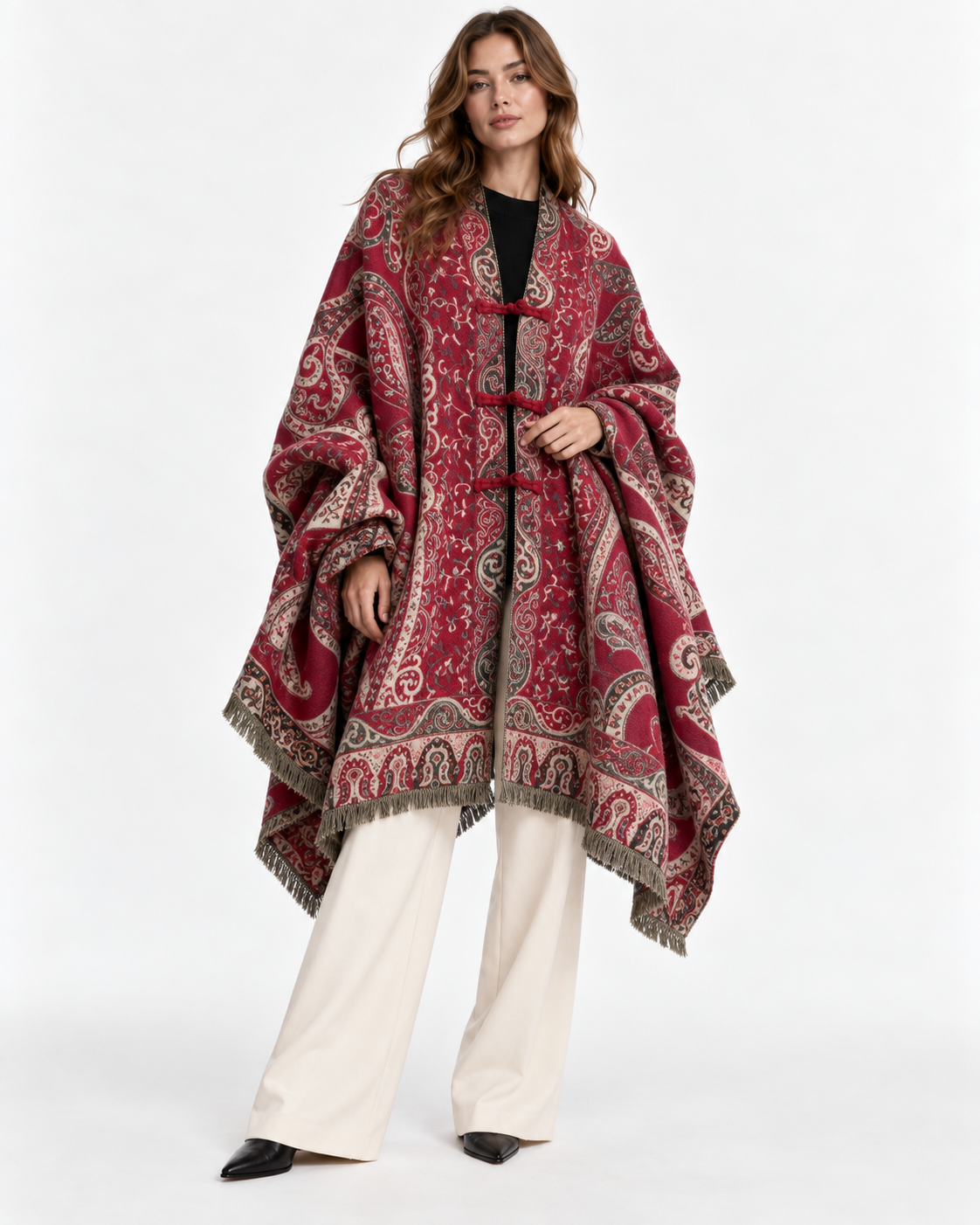 Paisley-Print Tassel Cape