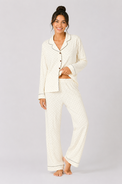 Contrast-Piped Long Pyjama Set with Straight-Leg Pants