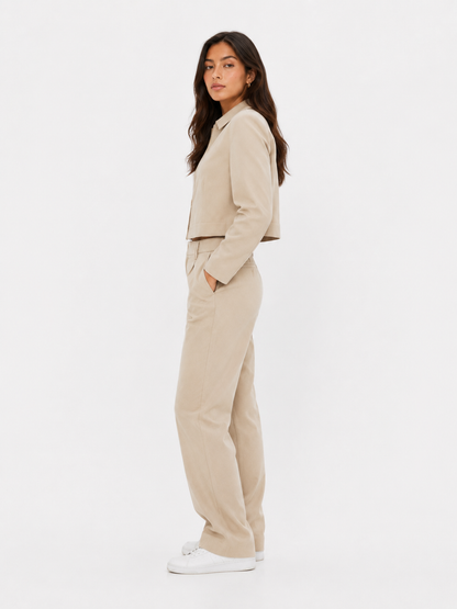 Buttoned Knit Cardigan and Tailored Pants Set