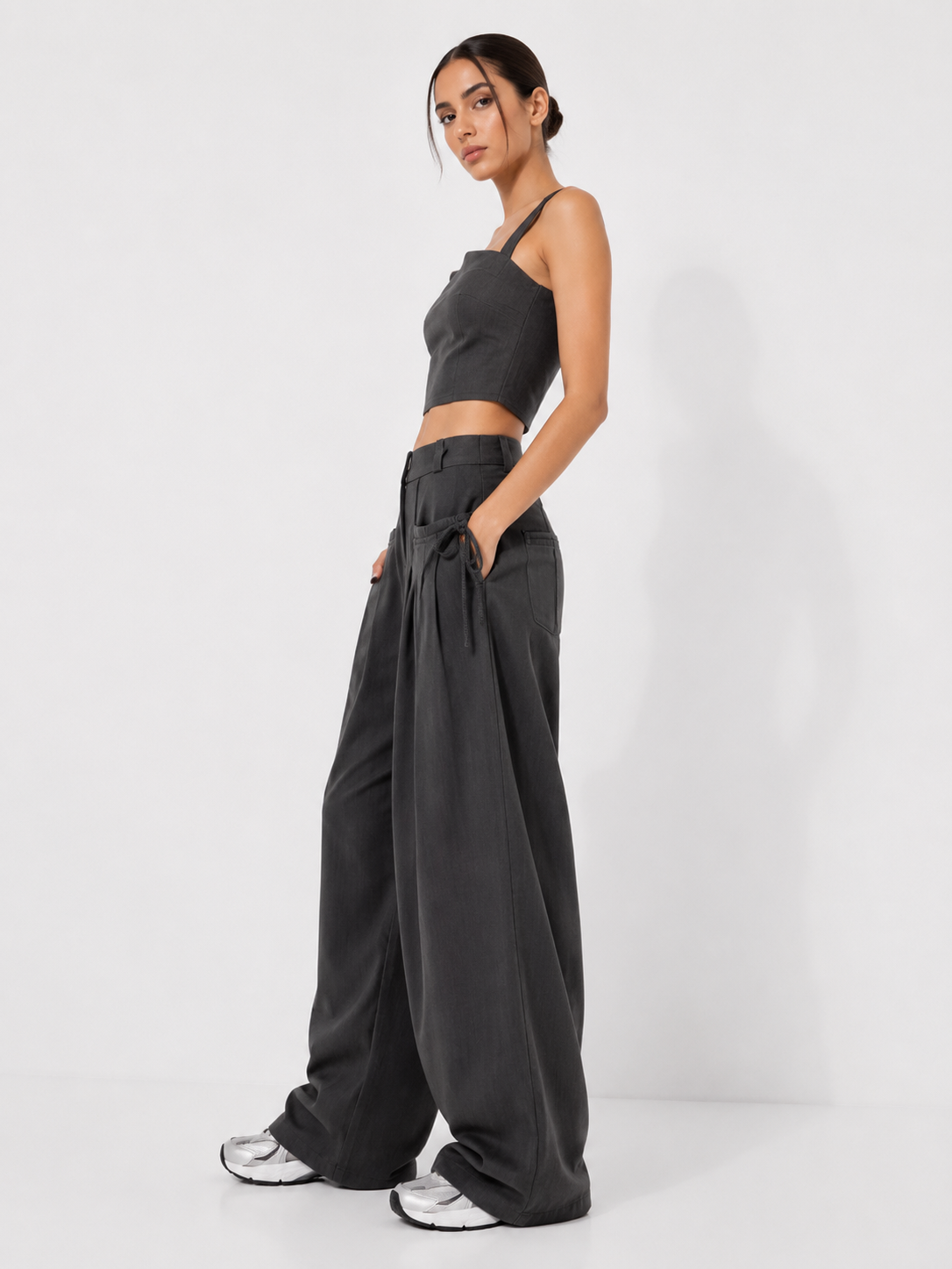 Gathered High-Waist Wide-Leg Pants