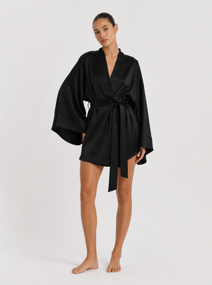 V-Neck Satin-Look Dressing Gown with Wide Sleeves