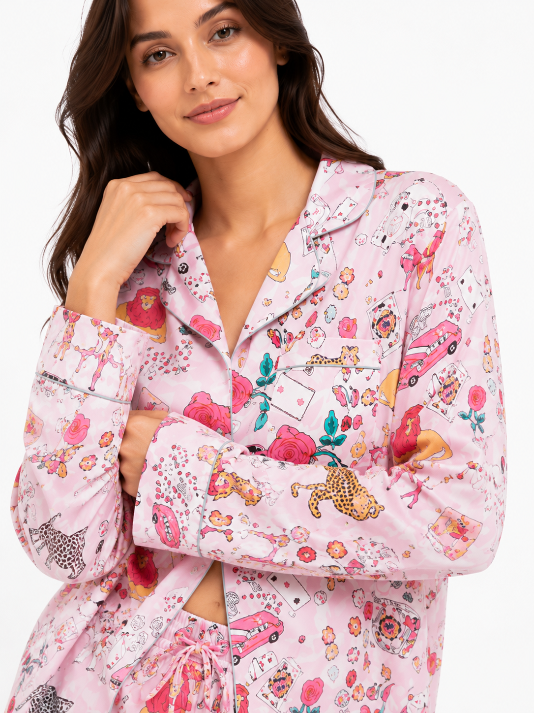 Floral-Print Long Pyjama Set with Wide-Leg Pants