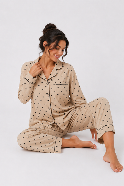 Contrast-Piped Long Pyjama Set with Straight-Leg Pants