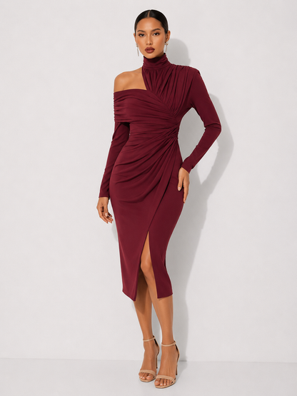 High-Neck Draped Midi Dress