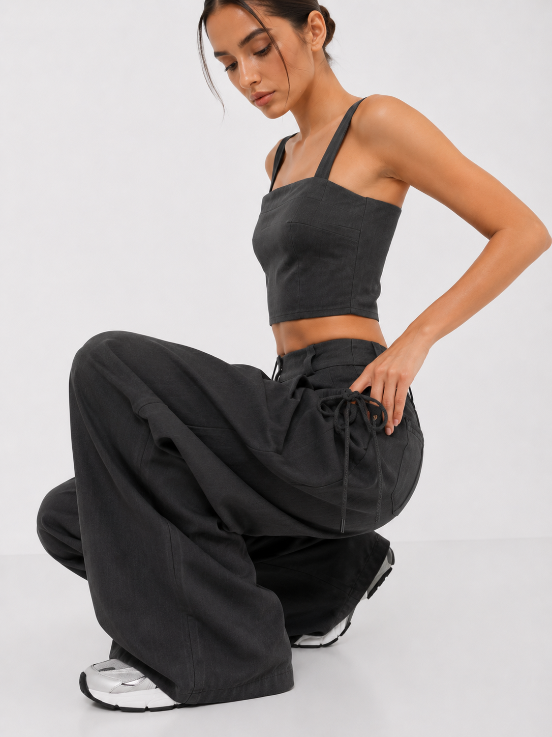 Gathered High-Waist Wide-Leg Pants