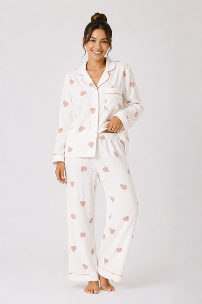 Contrast-Piped Long Pyjama Set with Straight-Leg Pants