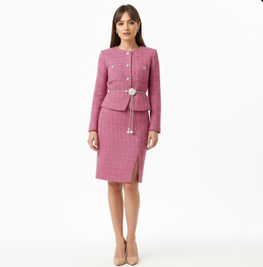 Pink Bouclé Tweed Jacket & Midi Skirt Set