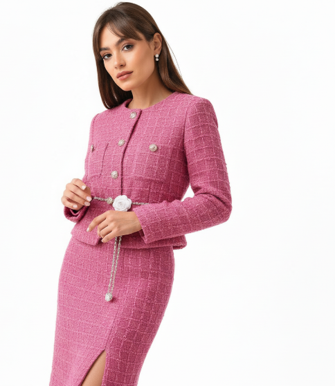 Pink Bouclé Tweed Jacket & Midi Skirt Set