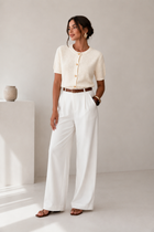 Pointelle Knit Short Sleeve Cardigan with Golden Buttons