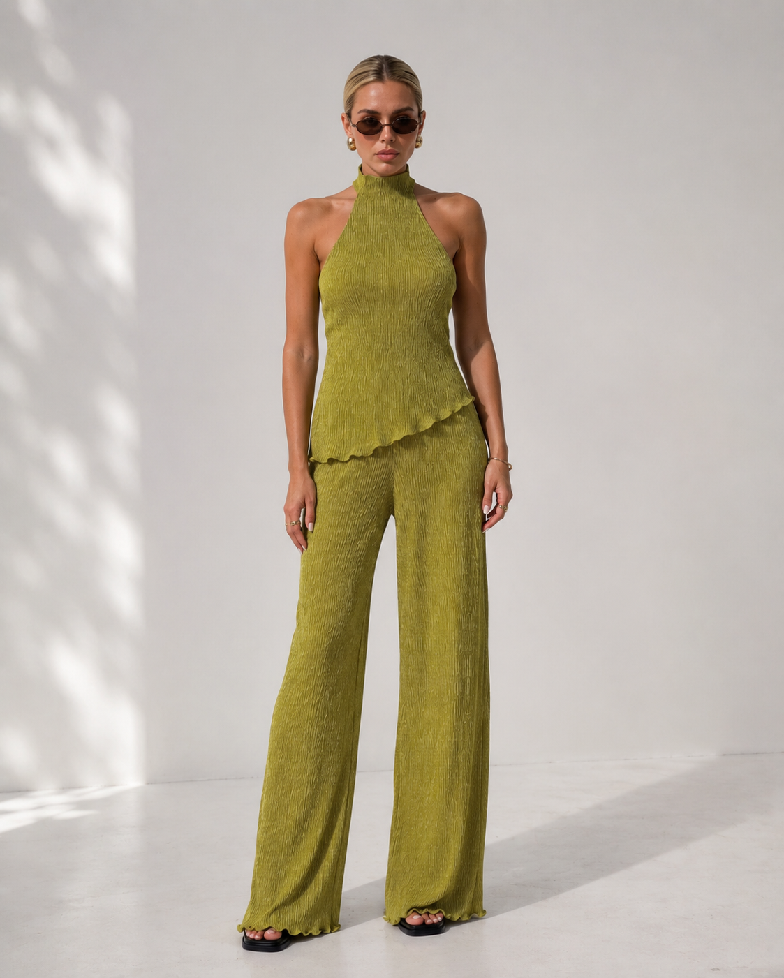 Cropped Halter Knit Top & Wide-Leg Pants Set