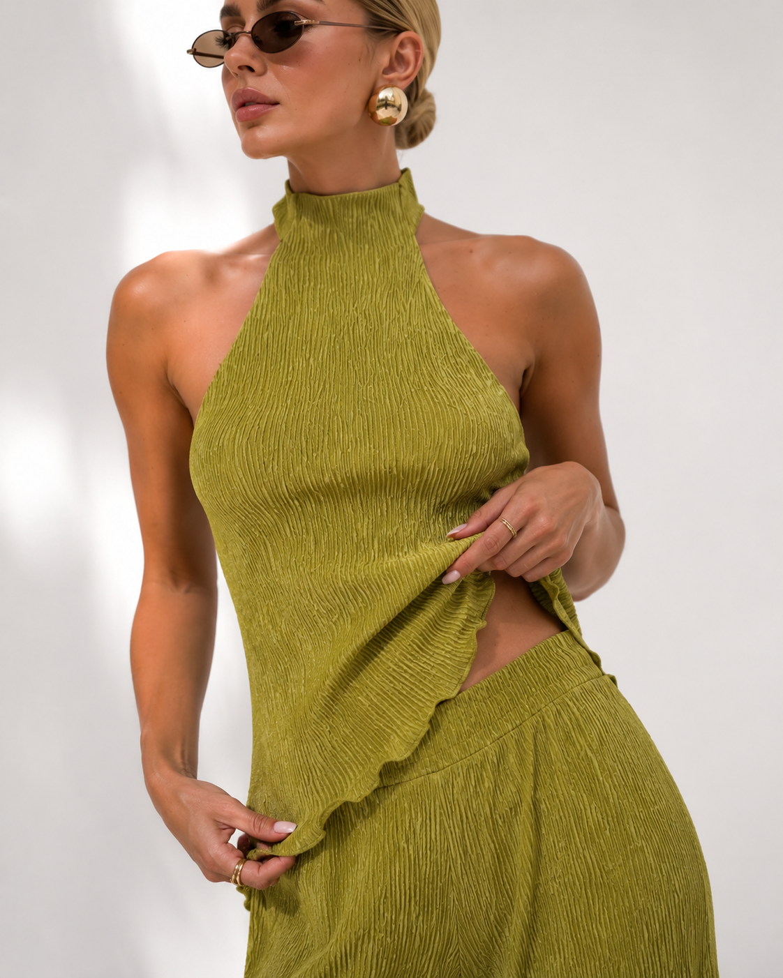 Cropped Halter Knit Top & Wide-Leg Pants Set