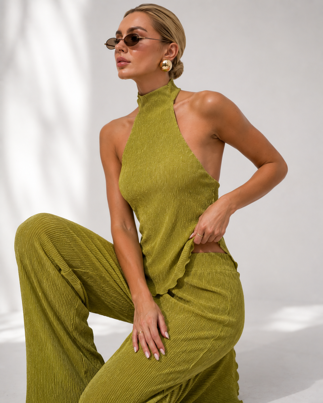 Cropped Halter Knit Top & Wide-Leg Pants Set