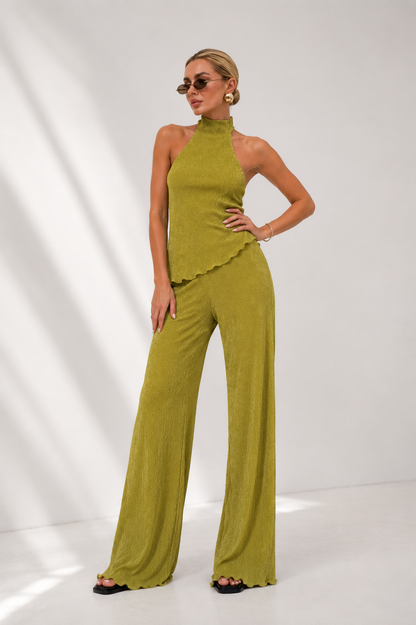 Cropped Halter Knit Top & Wide-Leg Pants Set