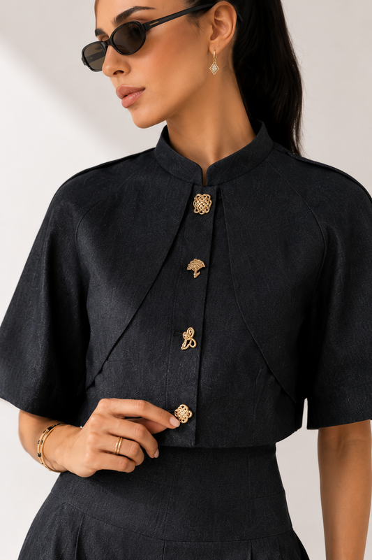 Tailored High-Waist Wide-Leg Pants with Structured Button-Detail Top