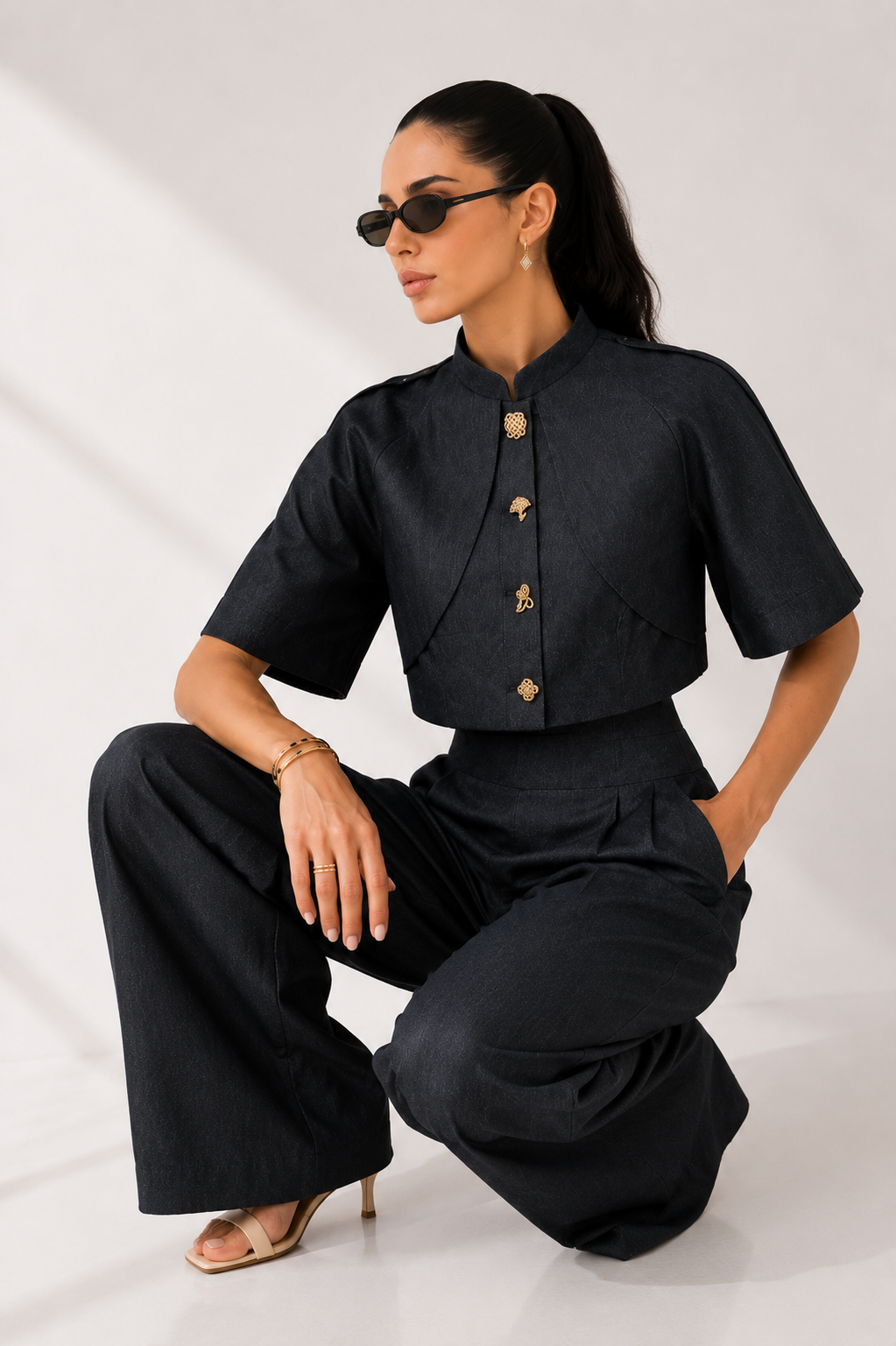 Tailored High-Waist Wide-Leg Pants with Structured Button-Detail Top