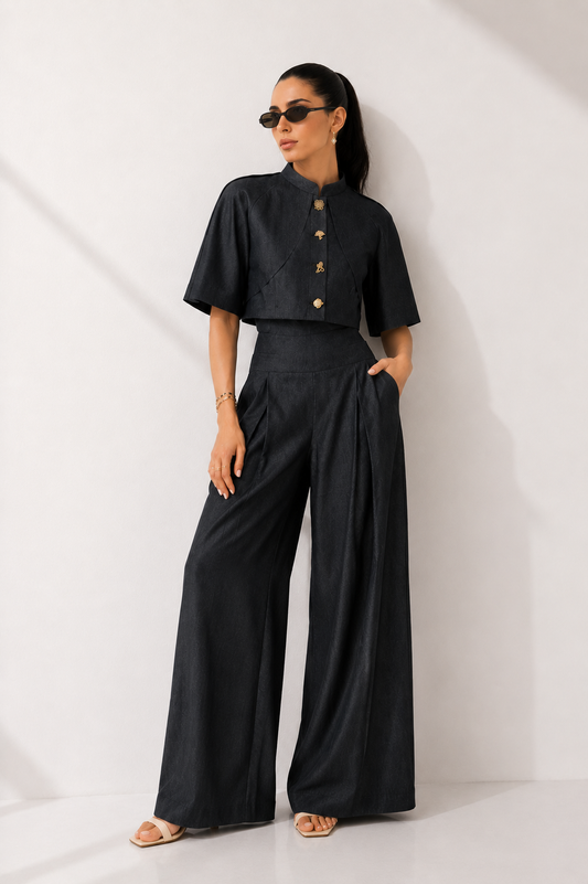 Tailored High-Waist Wide-Leg Pants with Structured Button-Detail Top