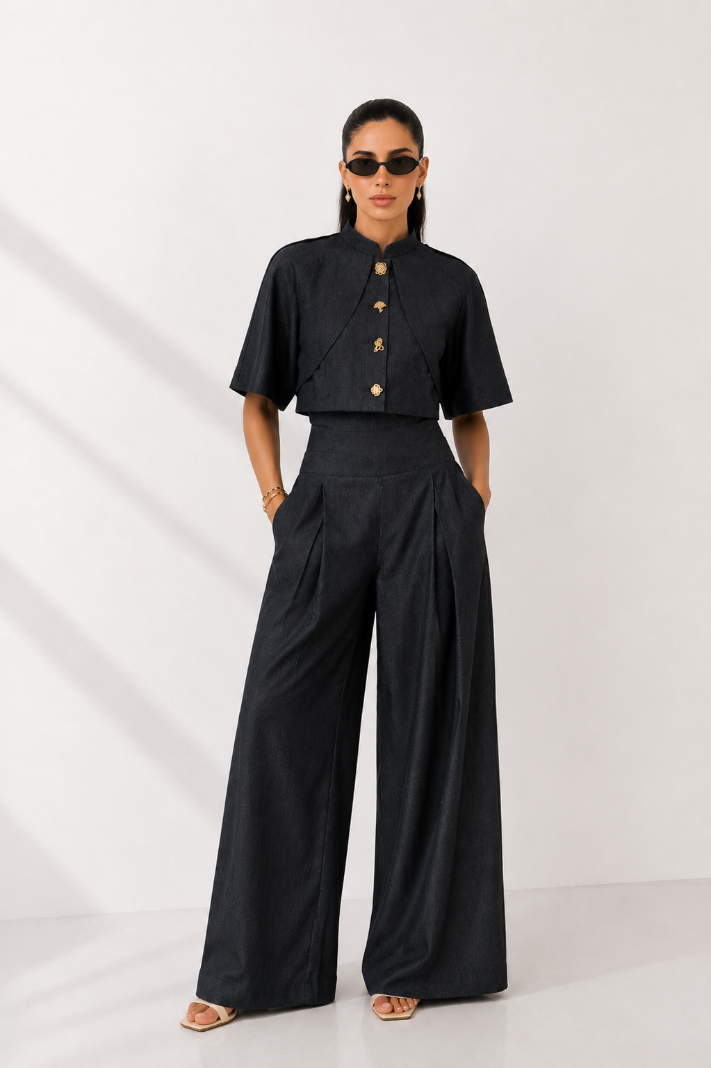 Tailored High-Waist Wide-Leg Pants with Structured Button-Detail Top