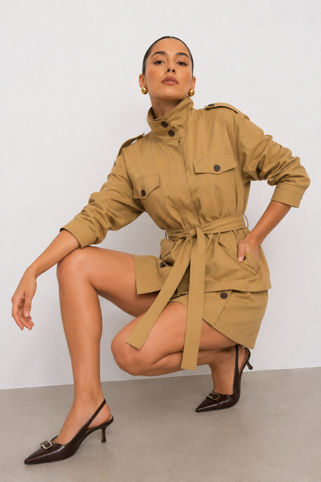 Multi-Pocket Field Jacket and Buttoned Mini Skirt Set
