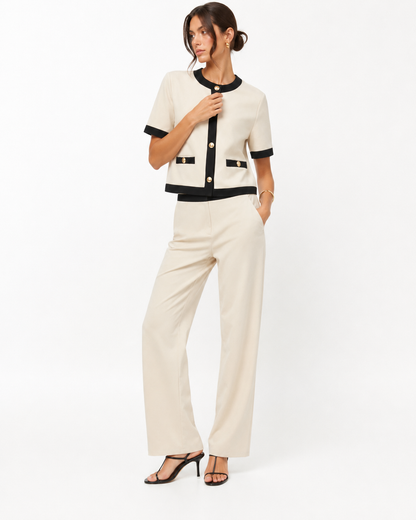 Contrast-Trim Knit Jacket & Straight-Leg Pants Set