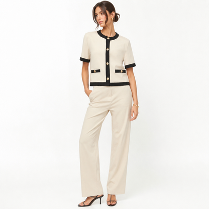 Contrast-Trim Knit Jacket & Straight-Leg Pants Set