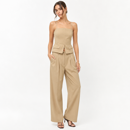 Strapless Button-Front Vest & Wide-Leg Pants Set