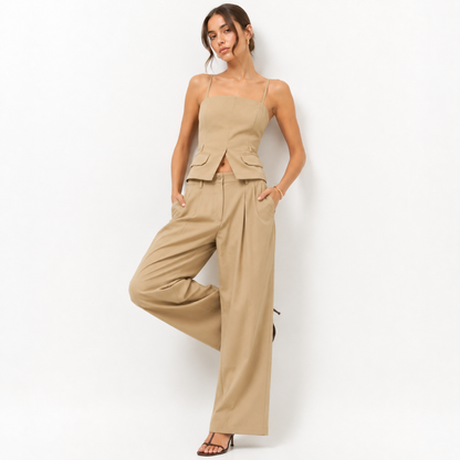 Strapless Button-Front Vest & Wide-Leg Pants Set