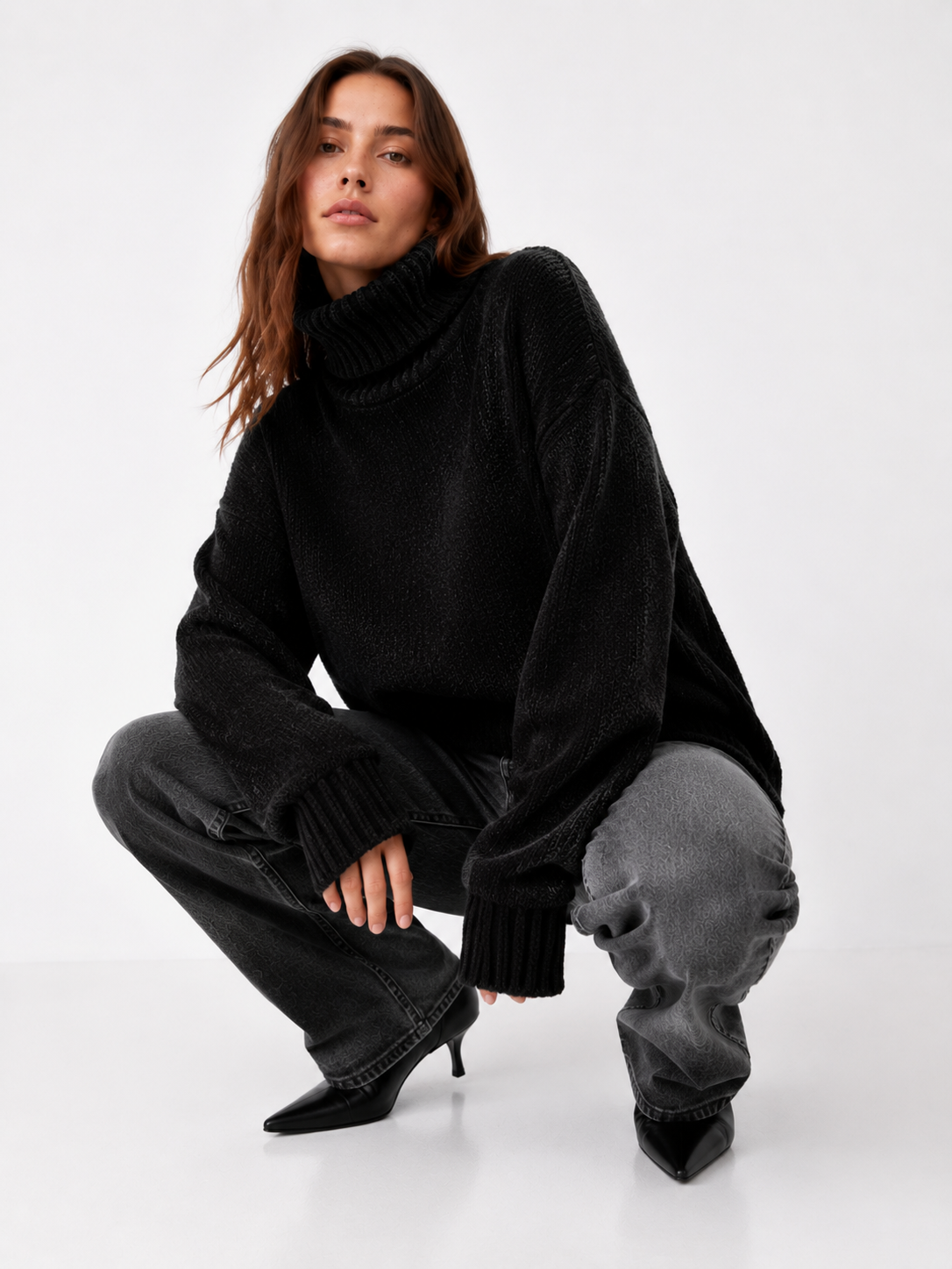 Chenille Ribbed Polo Neck Sweater