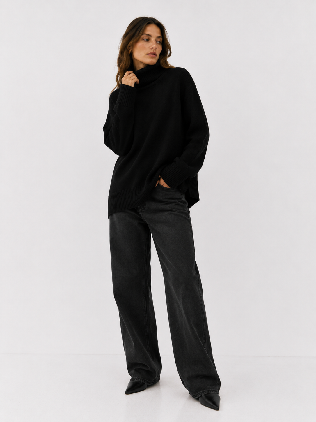 Oversized Rib-Trim Roll Neck Sweater
