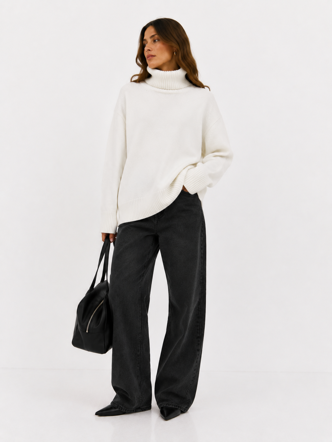 Oversized Rib-Trim Roll Neck Sweater