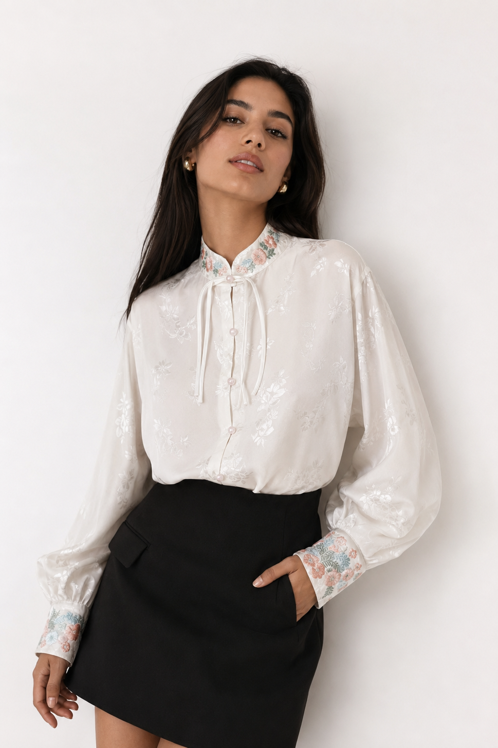 Jacquard Mandarin-Collar Blouse