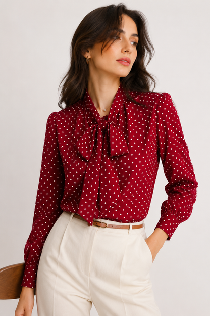 Polka Dot Tie-Neck Blouse