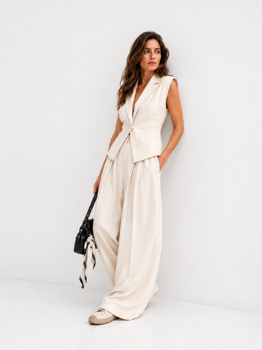 Tailored Wrap-Front Vest and High-Waist Wide-Leg Pants Set