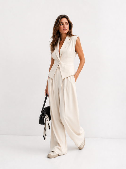 Tailored Wrap-Front Vest and High-Waist Wide-Leg Pants Set