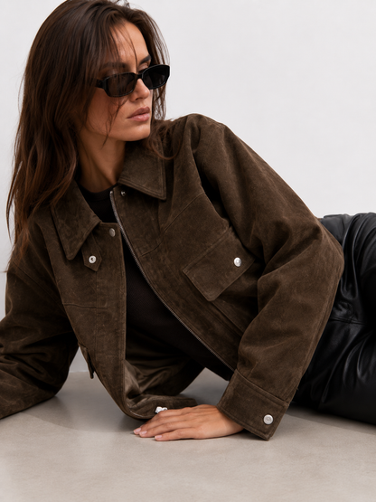 Cropped Utility Suede-Effect Jacket