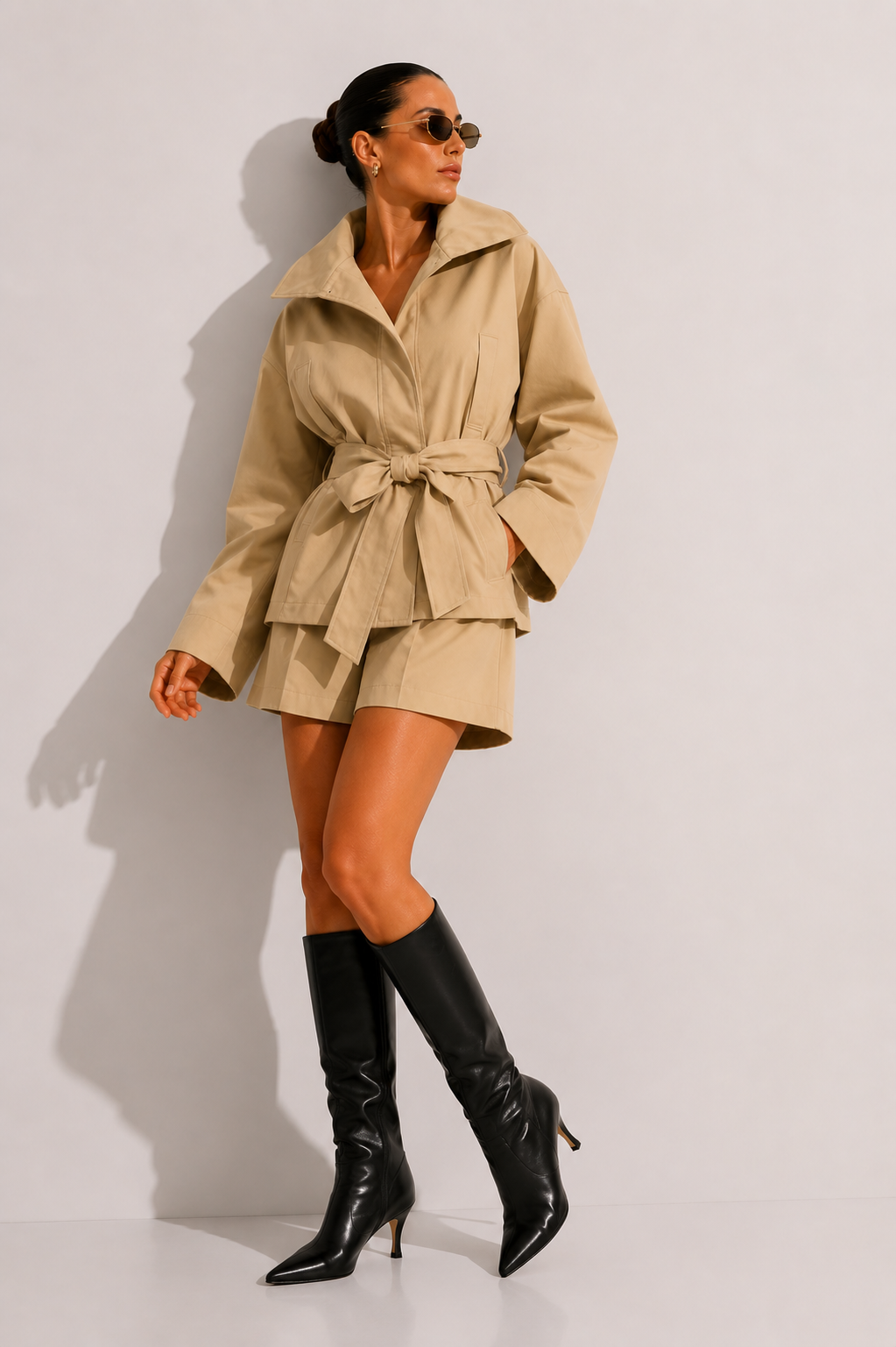 High-Neck Belted Jacket and Pleated Shorts Set