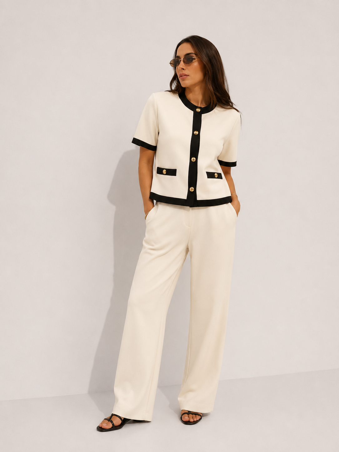 Contrast Binding Short-Sleeved Jacket and Pants Set
