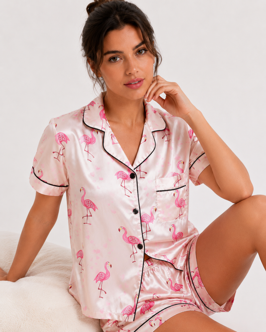 Satin-Finish Short Pyjama Set with Contrast Piping
