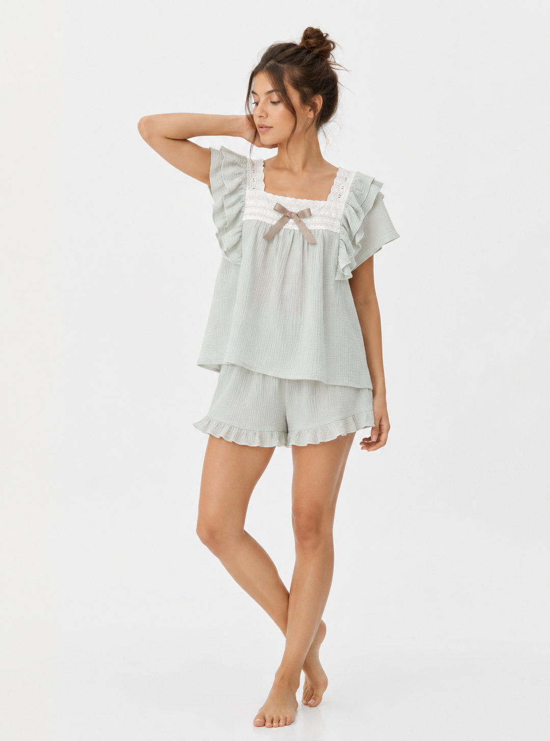 Textured Cotton-Gauze Pyjama Set with Lace Trim and Ruffled Edges