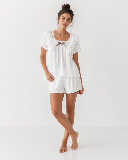 Textured Cotton-Gauze Pyjama Set with Lace Trim and Ruffled Edges