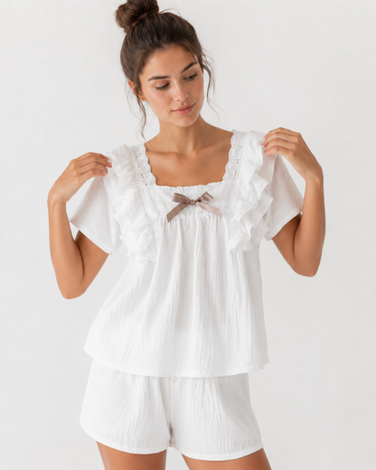 Textured Cotton-Gauze Pyjama Set with Lace Trim and Ruffled Edges