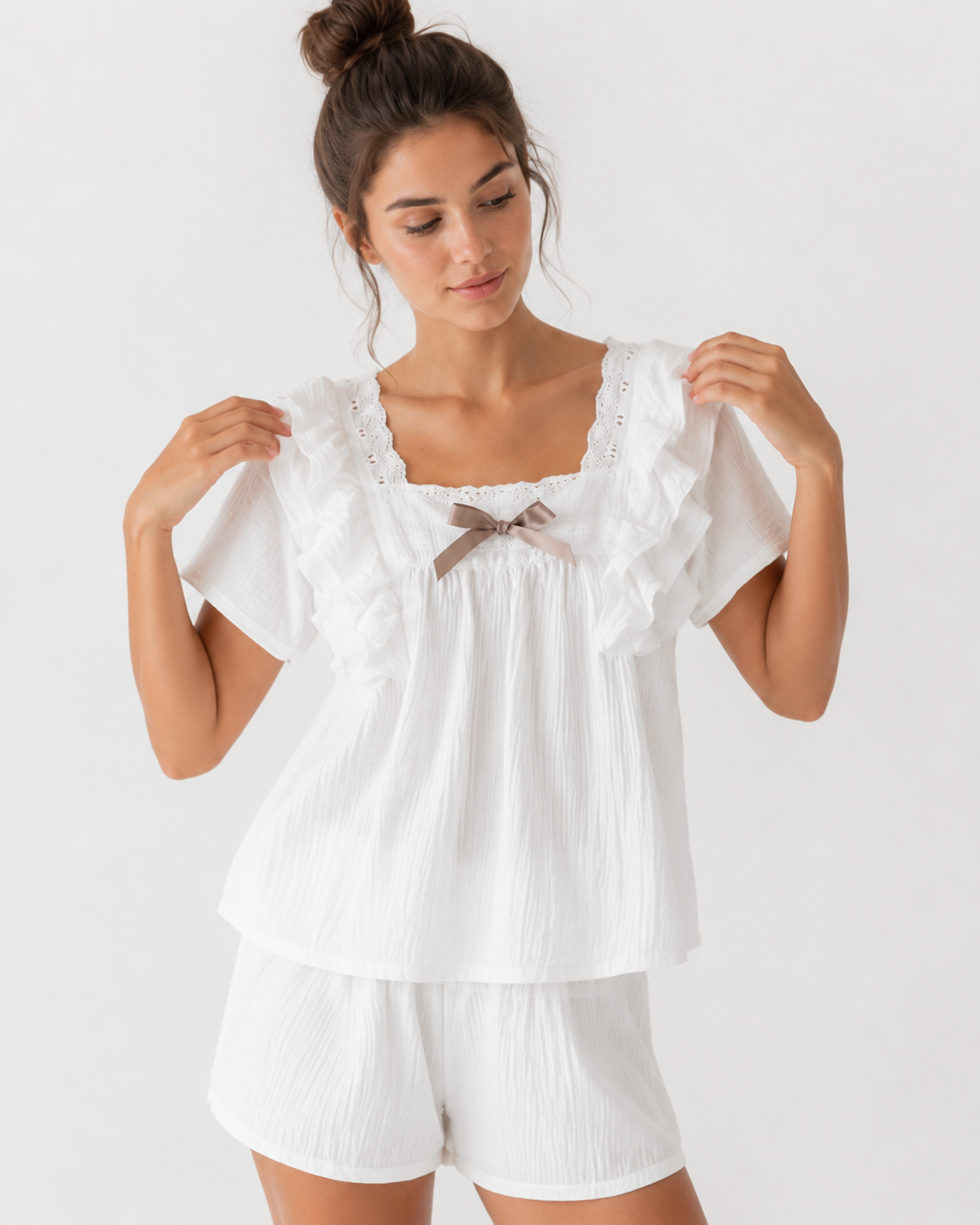 Ruffle-Trim Short Pyjama Set with Bow Detail