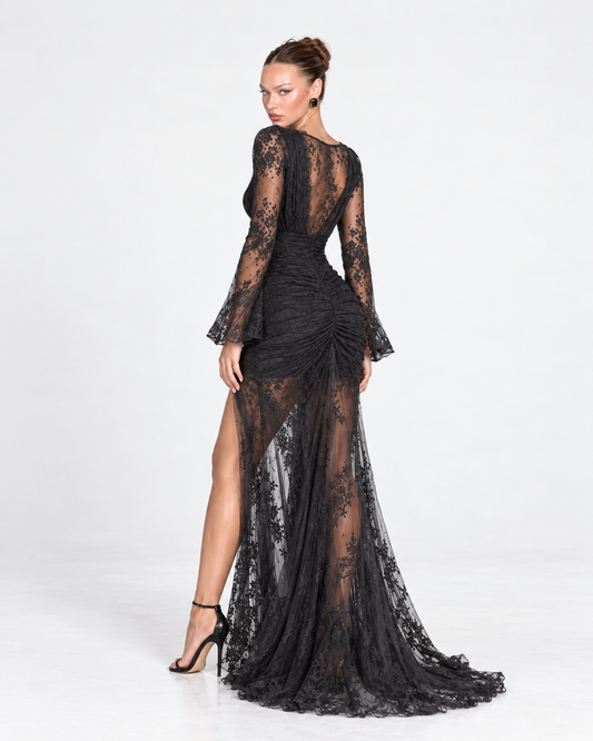 Lace V-Neck Long-Sleeve Evening Gown