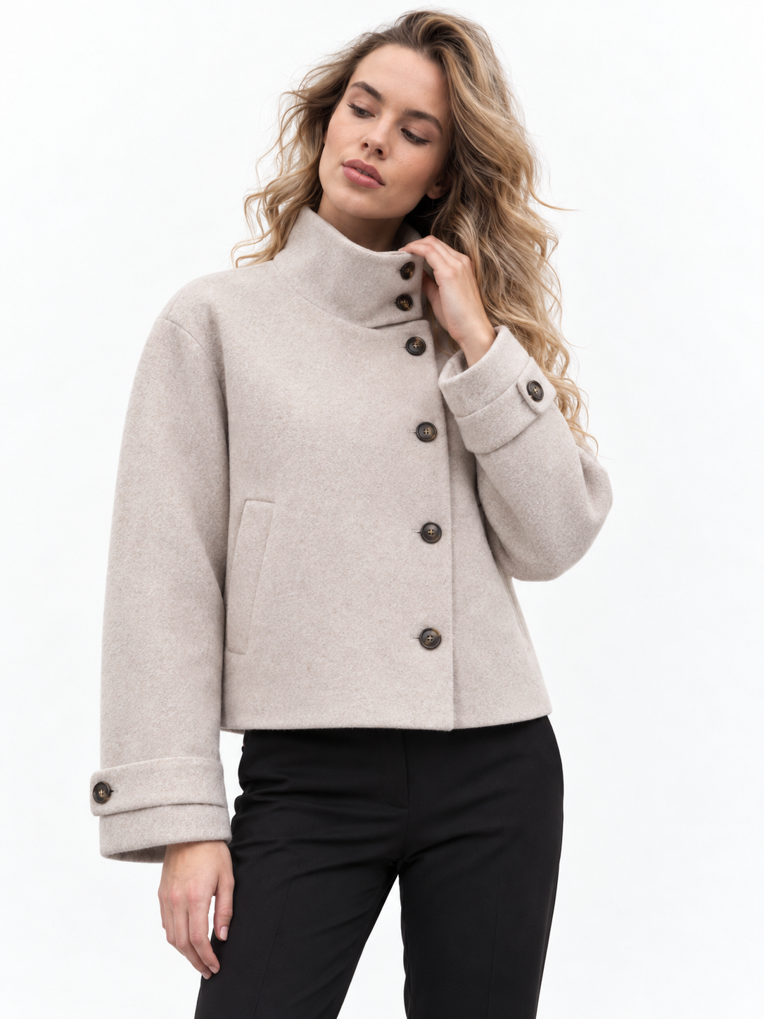 Asymmetric High-Neck Wool Blend Jacket