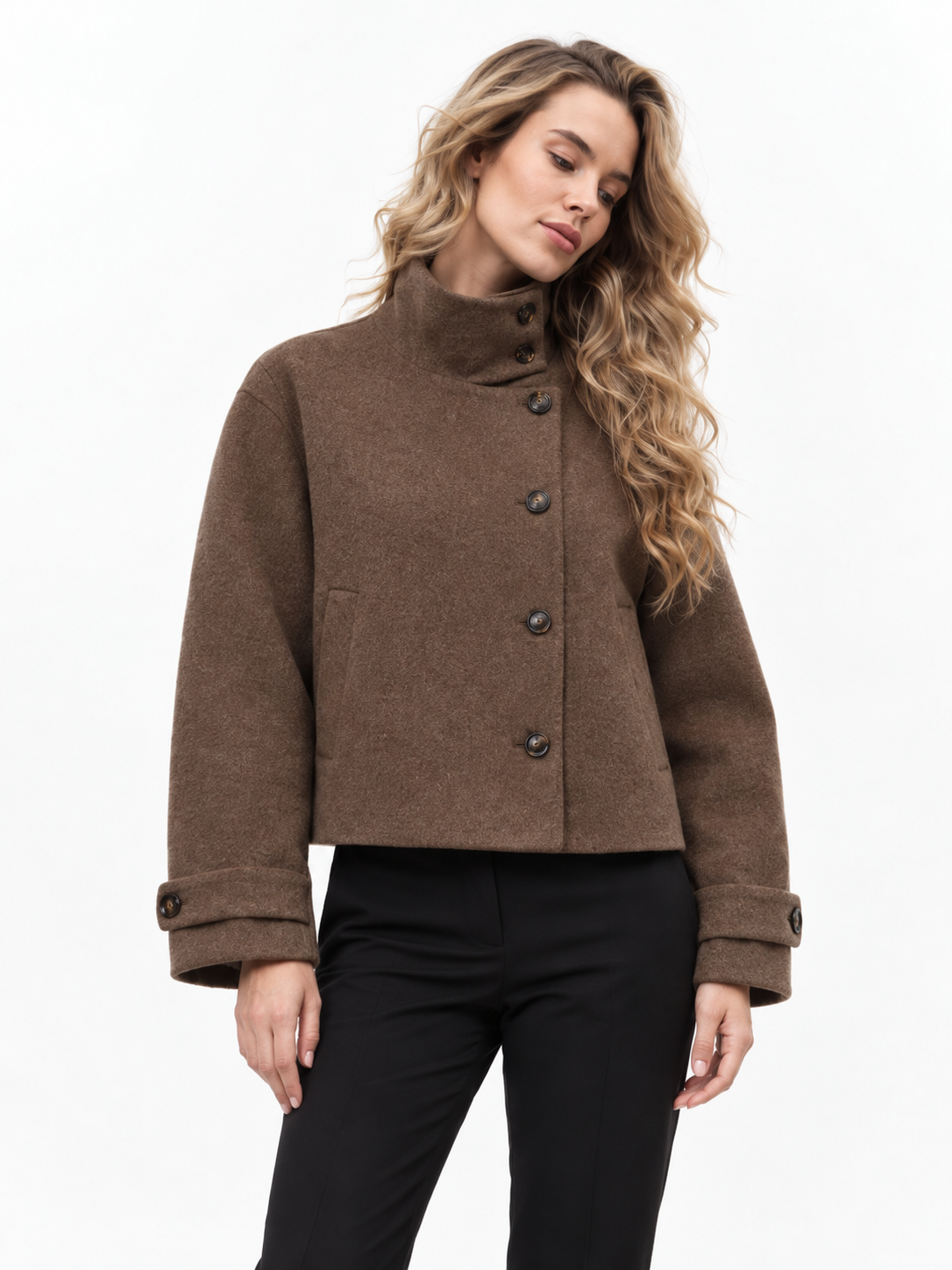 Asymmetric High-Neck Wool Blend Jacket